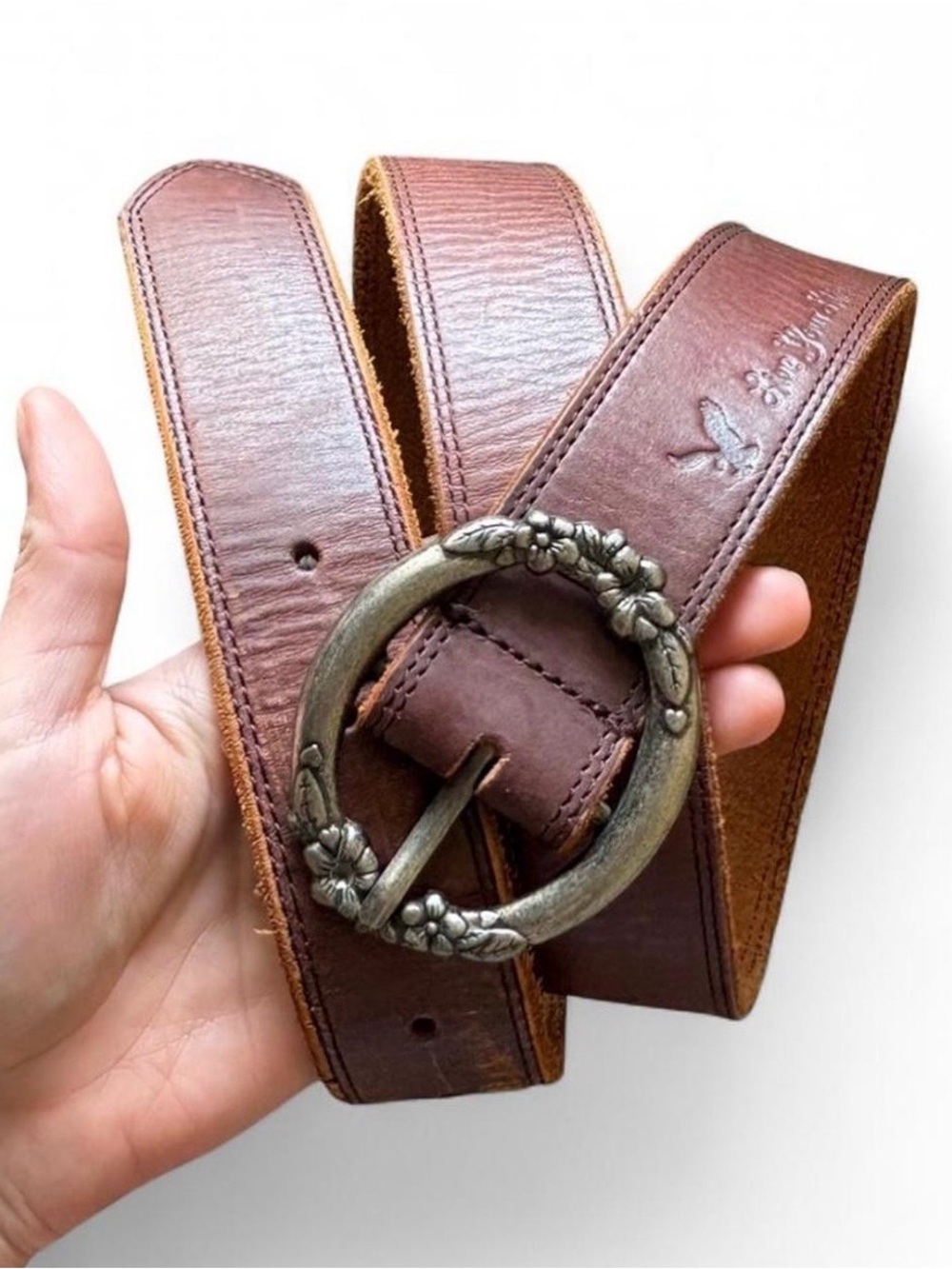 American Eagle Outfitters Brown Leather Belt with Floral Round Metal Buckle
